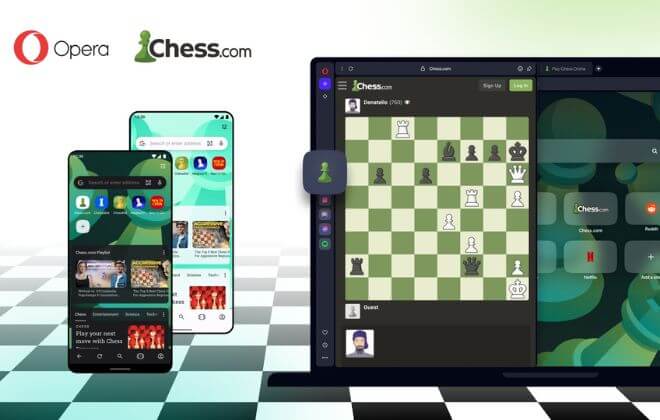 Opera fecha parceria com Chess.com para criar navegador de xadrez personalizado